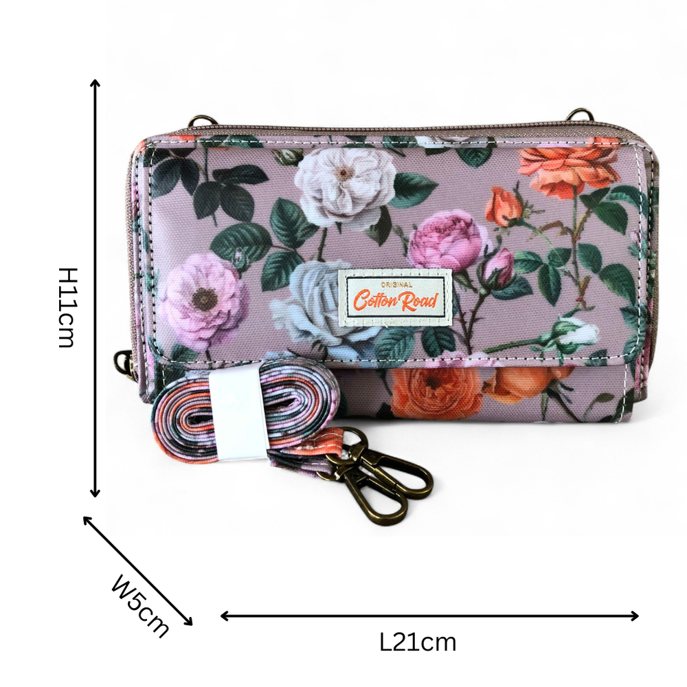 Large MAUVE Cotton Road PVC Cellphone Sling Wallet with FLOWERS