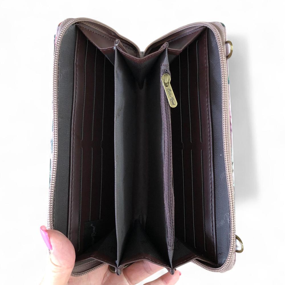 Large MAUVE Cotton Road PVC Cellphone Sling Wallet with FLOWERS