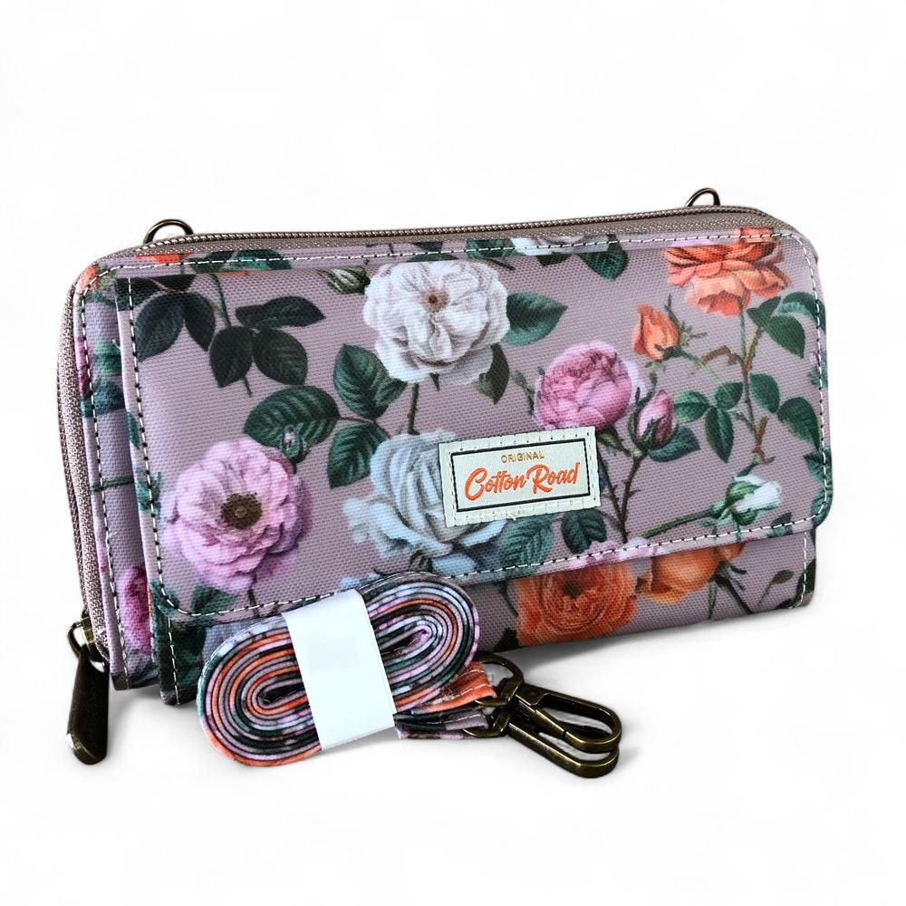 Large MAUVE Cotton Road PVC Cellphone Sling Wallet with FLOWERS