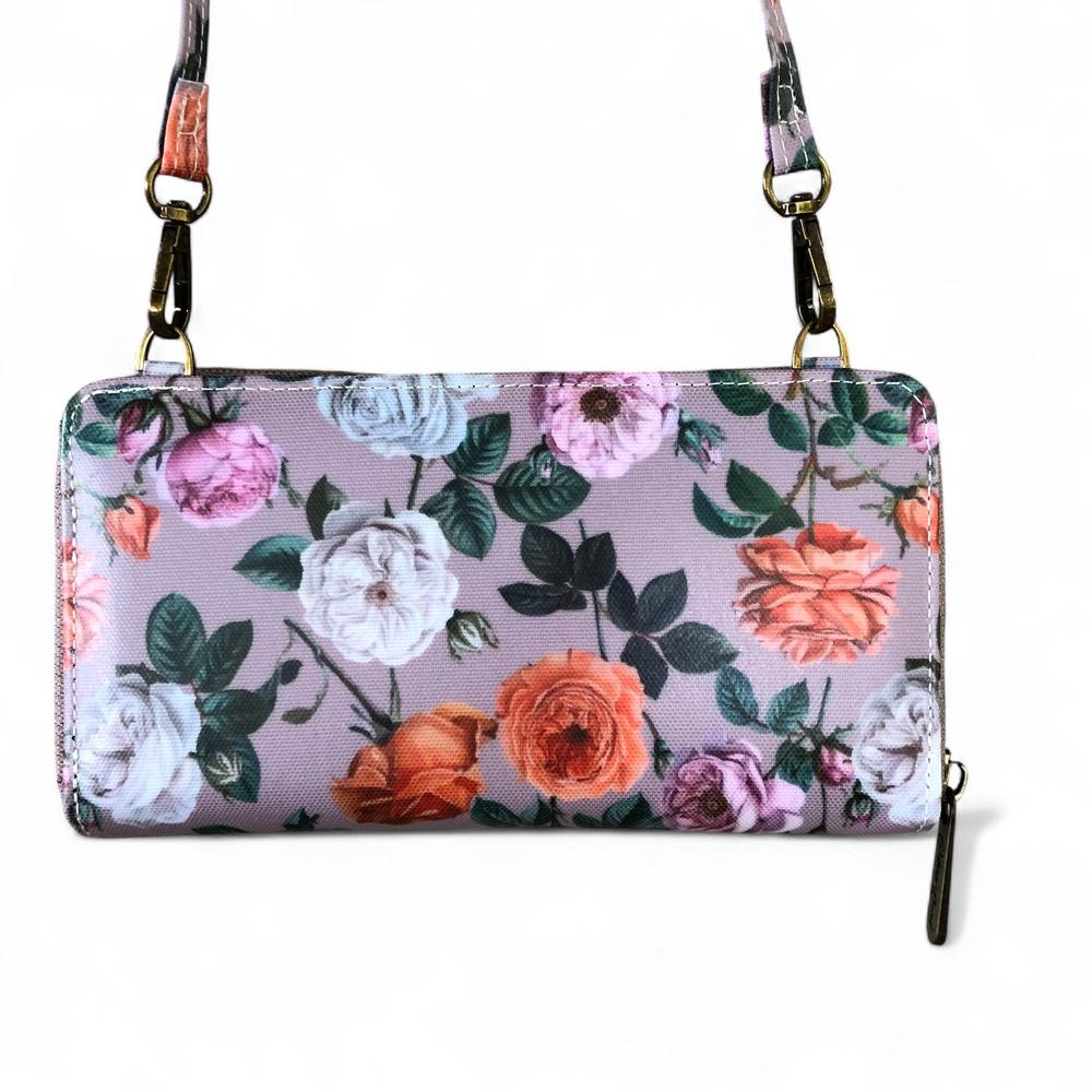 Large MAUVE Cotton Road PVC Cellphone Sling Wallet with FLOWERS