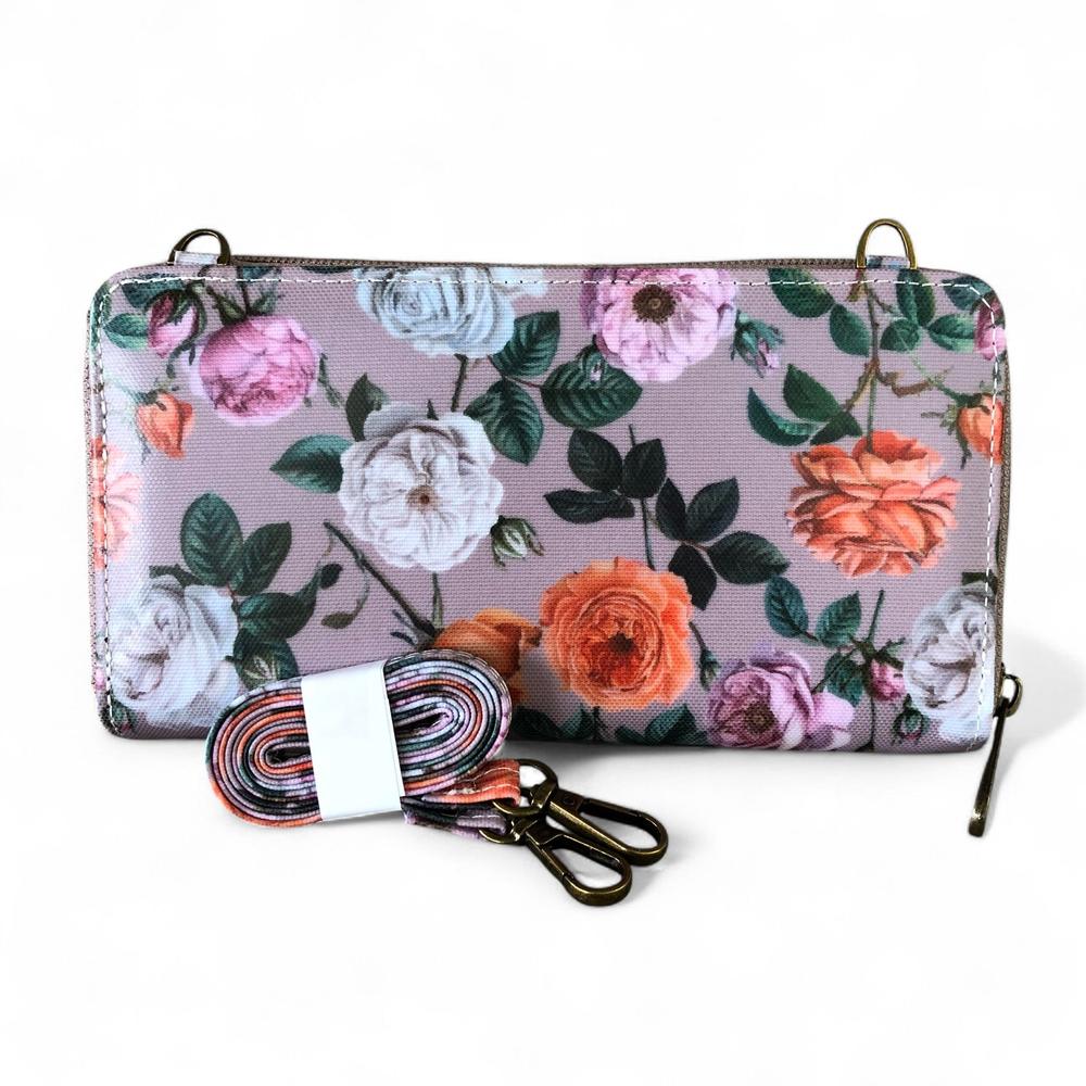 Large MAUVE Cotton Road PVC Cellphone Sling Wallet with FLOWERS