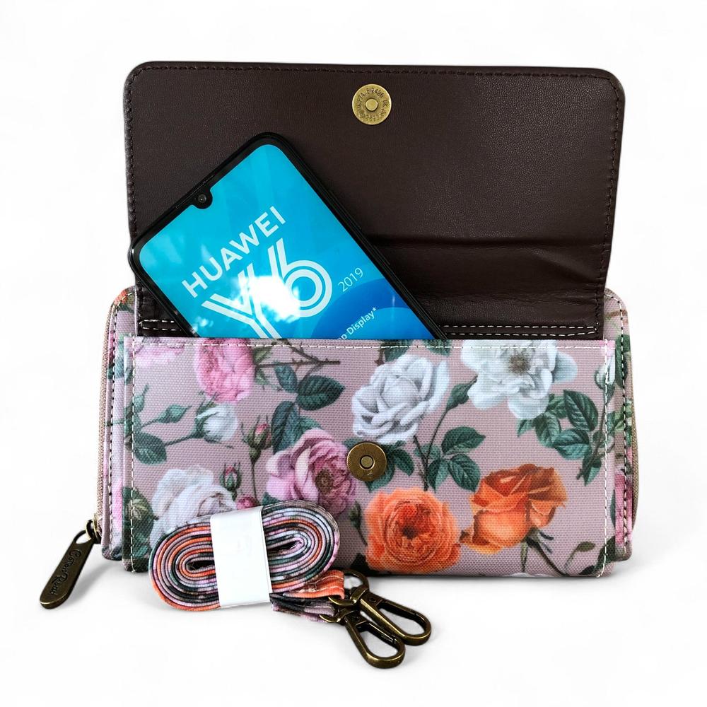 Large MAUVE Cotton Road PVC Cellphone Sling Wallet with FLOWERS