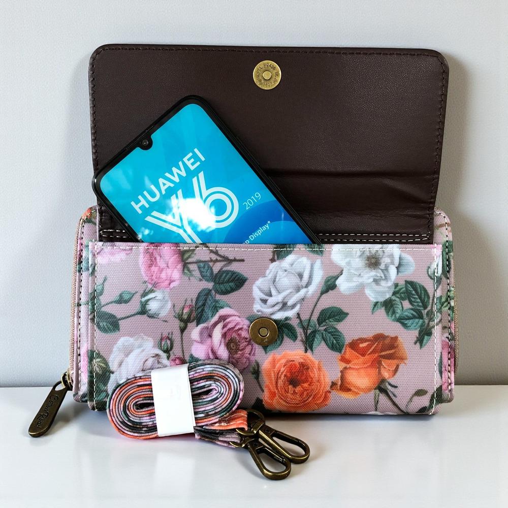 Large MAUVE Cotton Road PVC Cellphone Sling Wallet with FLOWERS