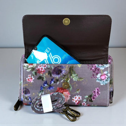 Large MAUVE FLORAL Cotton Road PVC Cellphone Sling Wallet