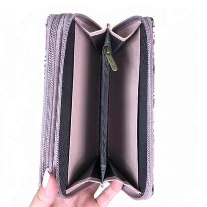 Large MAUVE FLORAL PVC Cotton Road Wallet money view