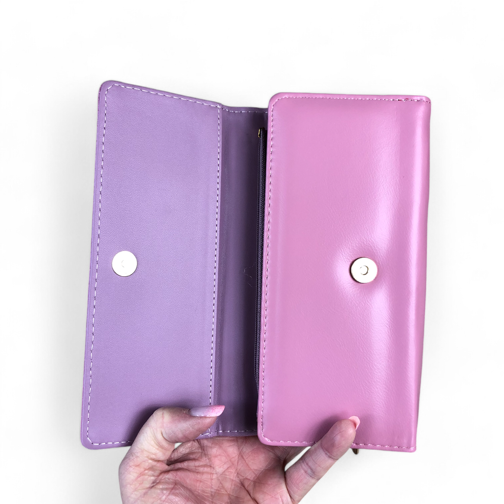 Large PINK Tri-fold PU Leather Cotton Road Wallet with PATTERNED Panel