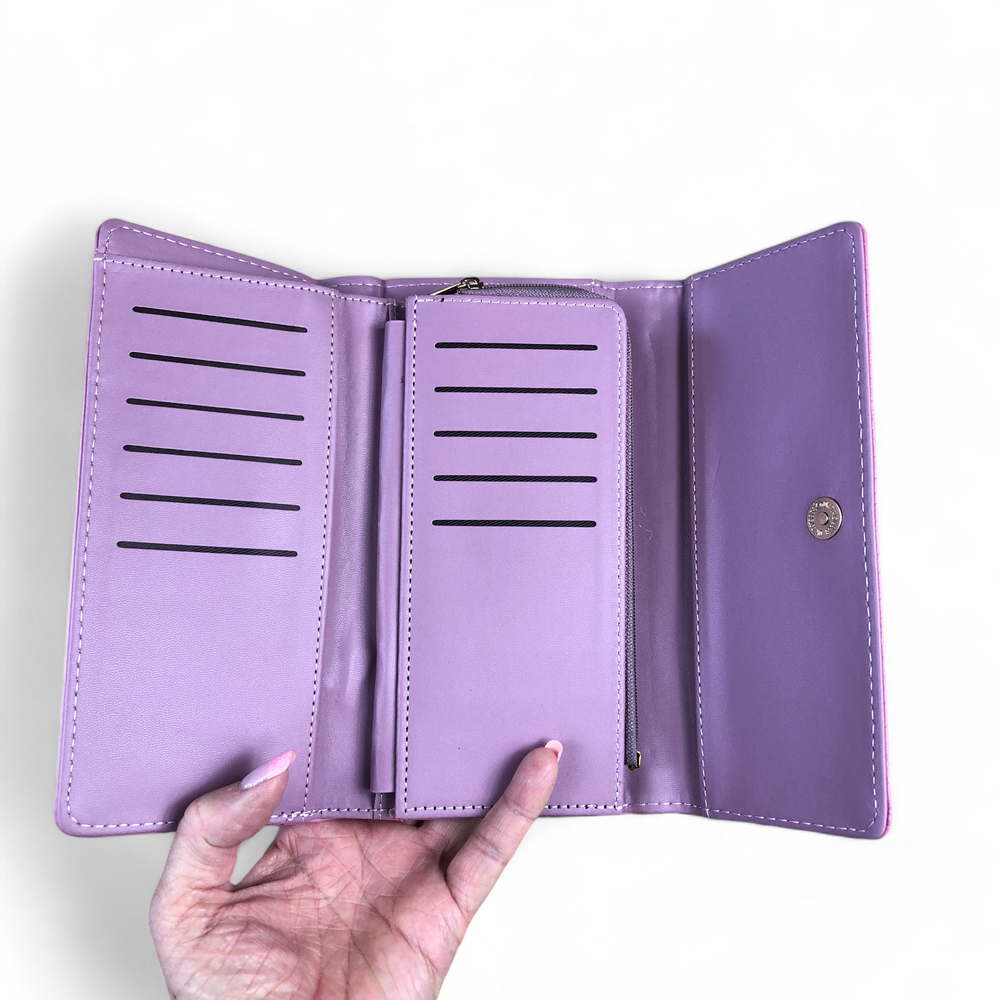 Large PINK Tri-fold PU Leather Cotton Road Wallet with PATTERNED Panel