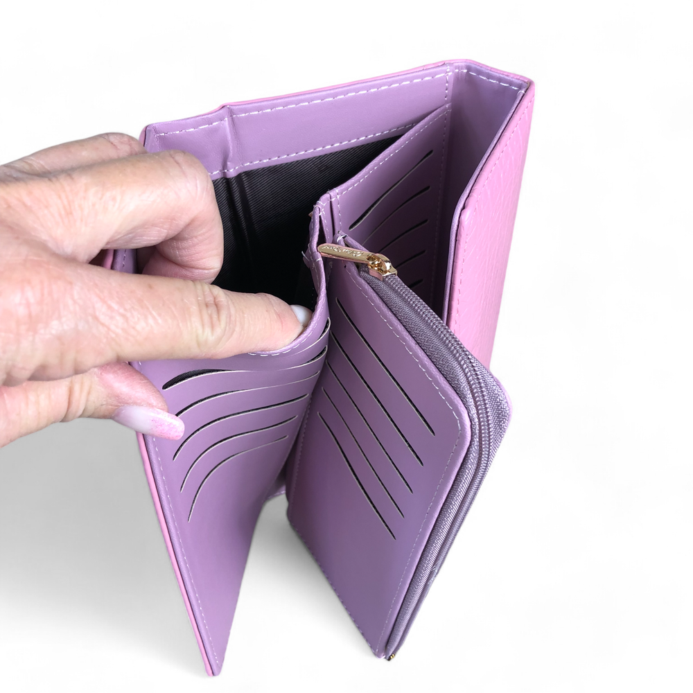 Large PINK Tri-fold PU Leather Cotton Road Wallet with PATTERNED Panel