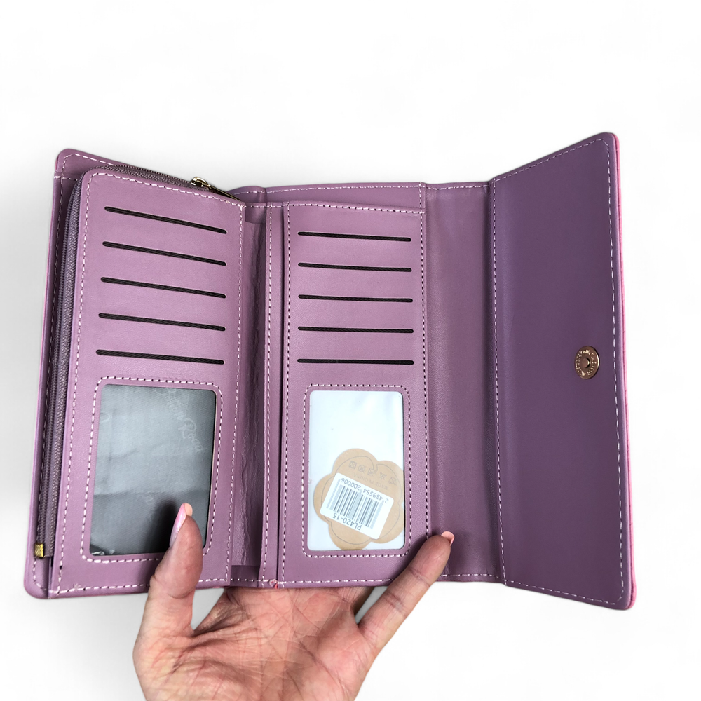 Large PINK Tri-fold PU Leather Cotton Road Wallet with PATTERNED Panel
