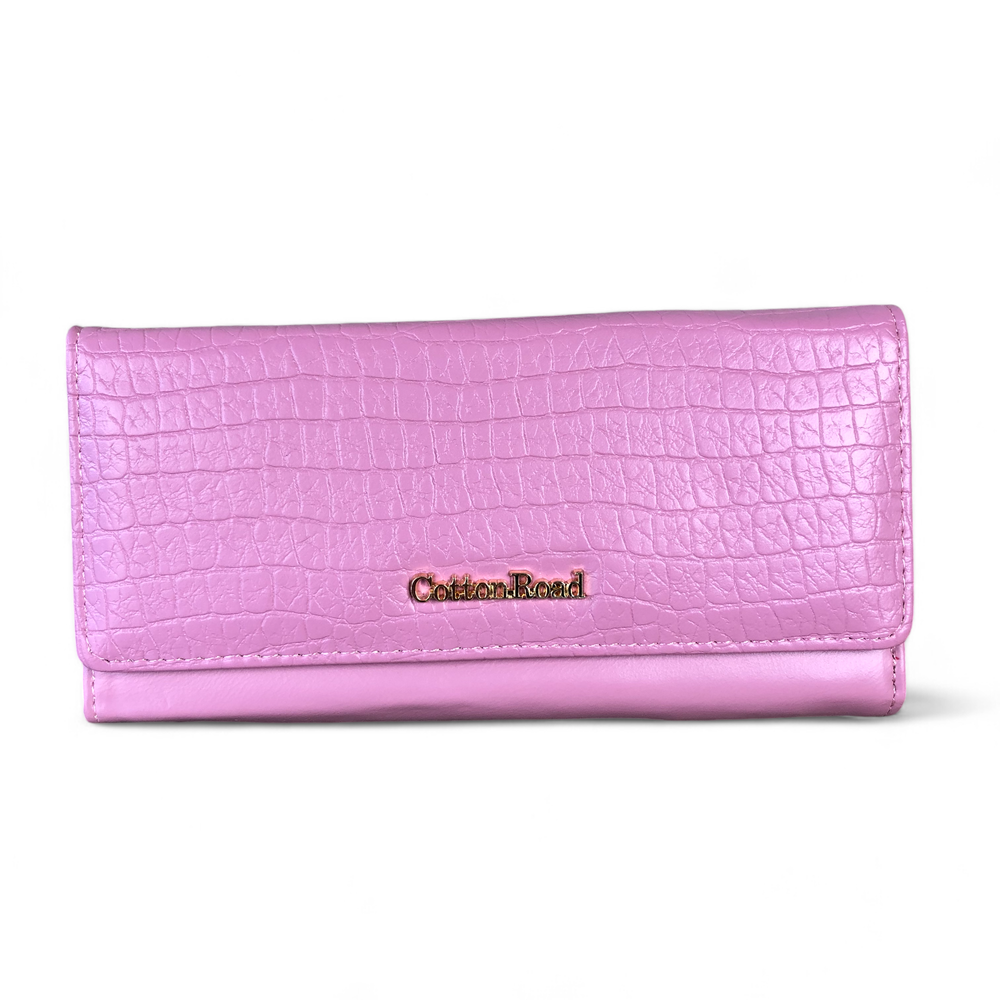 Large PINK Tri-fold PU Leather Cotton Road Wallet with PATTERNED Panel