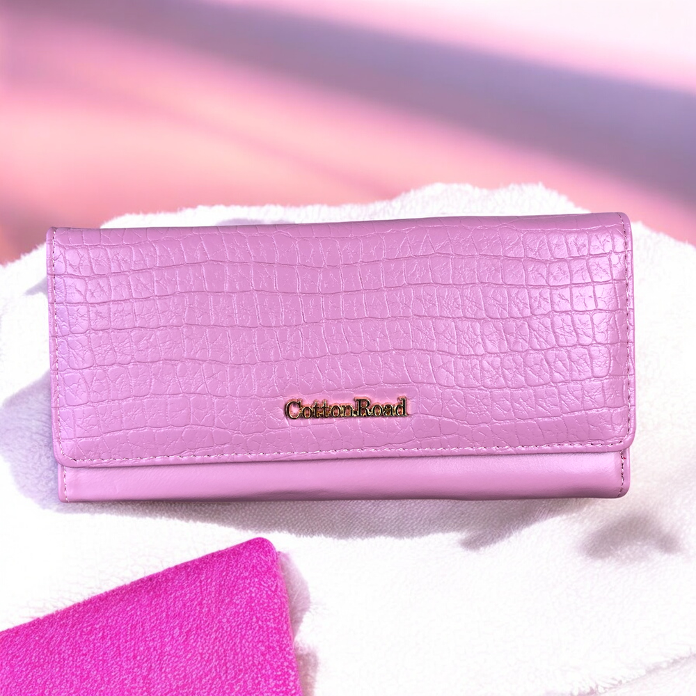 Large PINK Tri-fold PU Leather Cotton Road Wallet with PATTERNED Panel