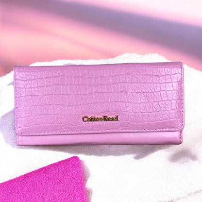 Large PINK Tri-fold PU Leather Cotton Road Wallet with PATTERNED Panel