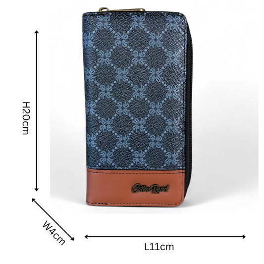 Large Printed CHARCOAL BLACK PU Leather Cotton Road Wallet with TAN Trim