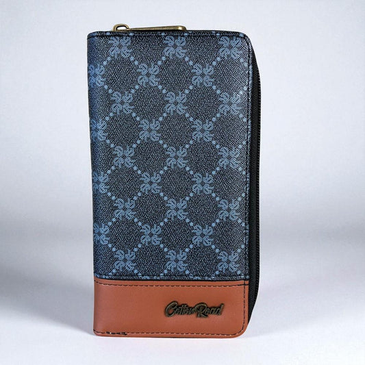 Large Printed CHARCOAL BLACK PU Leather Cotton Road Wallet with TAN Trim