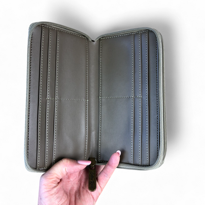 Large Printed KHAKI PU Leather Cotton Road Wallet with TAN Trim