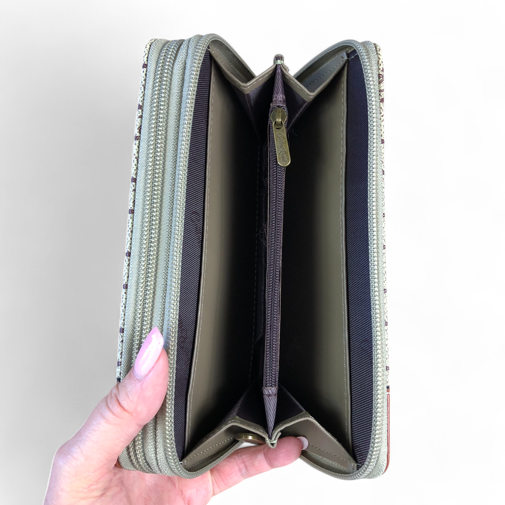 Large Printed KHAKI PU Leather Cotton Road Wallet with TAN Trim