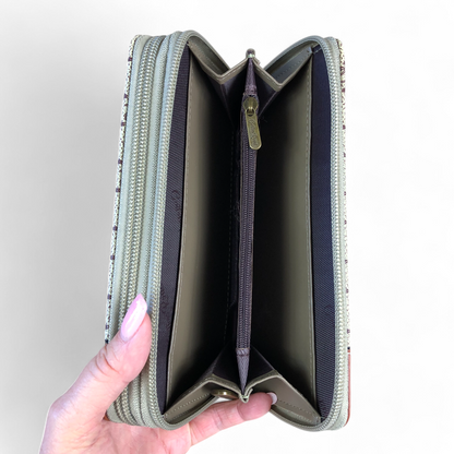 Large Printed KHAKI PU Leather Cotton Road Wallet with TAN Trim