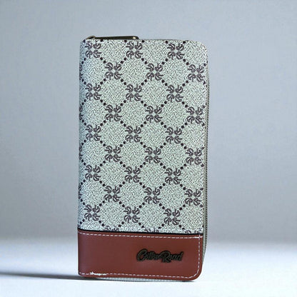 Large Printed KHAKI PU Leather Cotton Road Wallet with TAN Trim