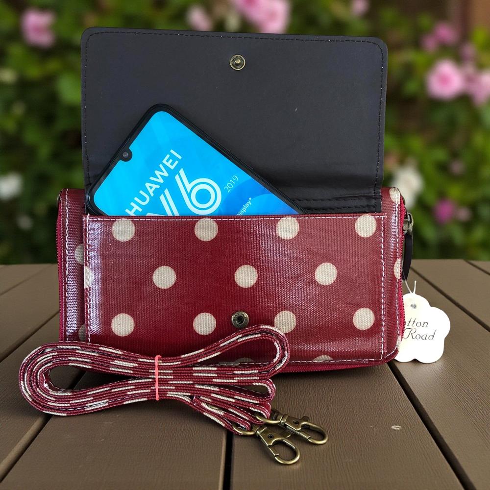 Large RED Cotton Road PVC Cellphone Sling Wallet with DOTS