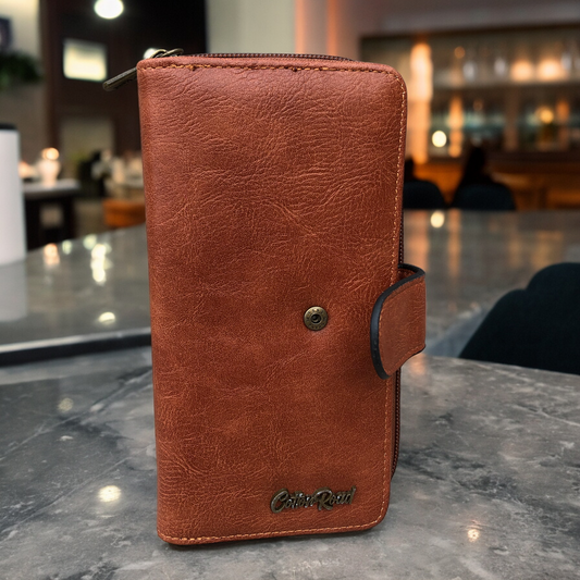 Large TAN BROWN Cotton Road PU Leather Wallet with Clip