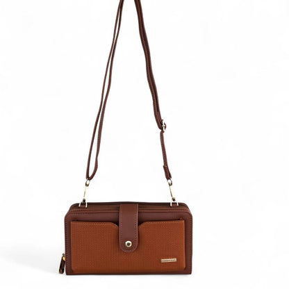 Large TAN BROWN PU Leather Cotton Road Cellphone Sling Wallet with PATTERNED Pocket