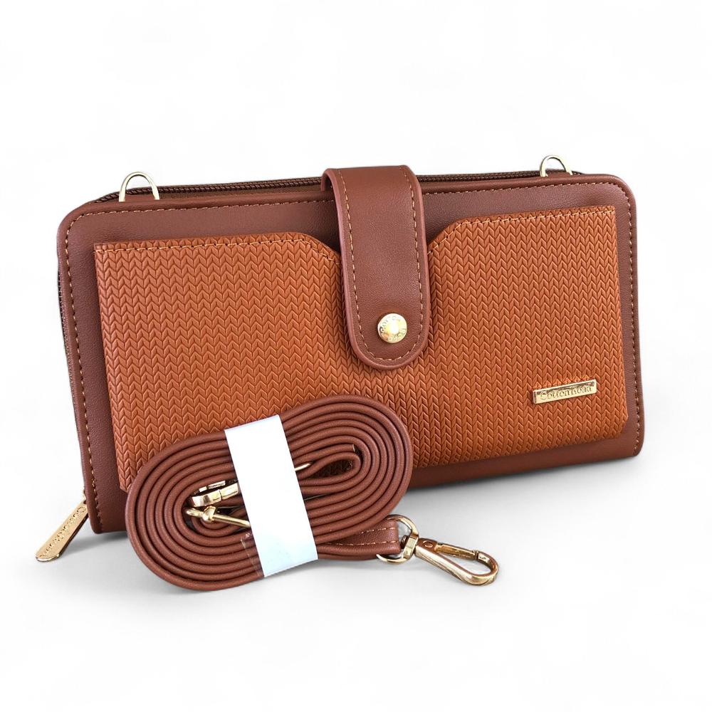 Large TAN BROWN PU Leather Cotton Road Cellphone Sling Wallet with PATTERNED Pocket