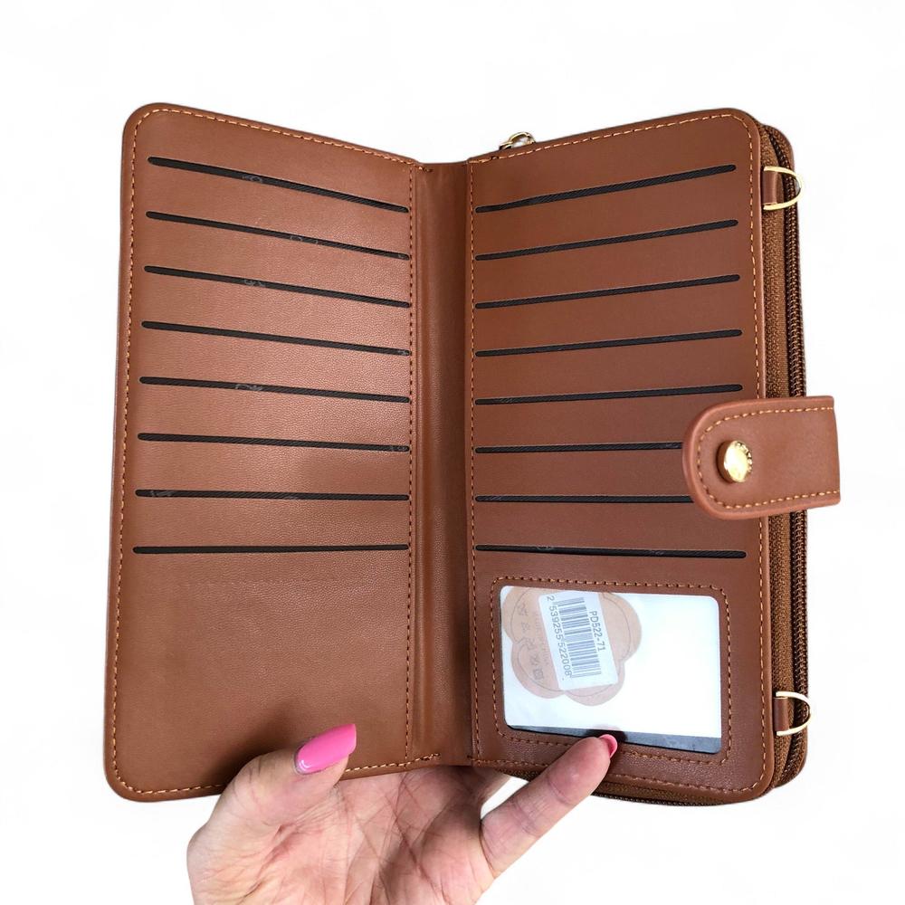 Large TAN BROWN PU Leather Cotton Road Cellphone Sling Wallet with PATTERNED Pocket