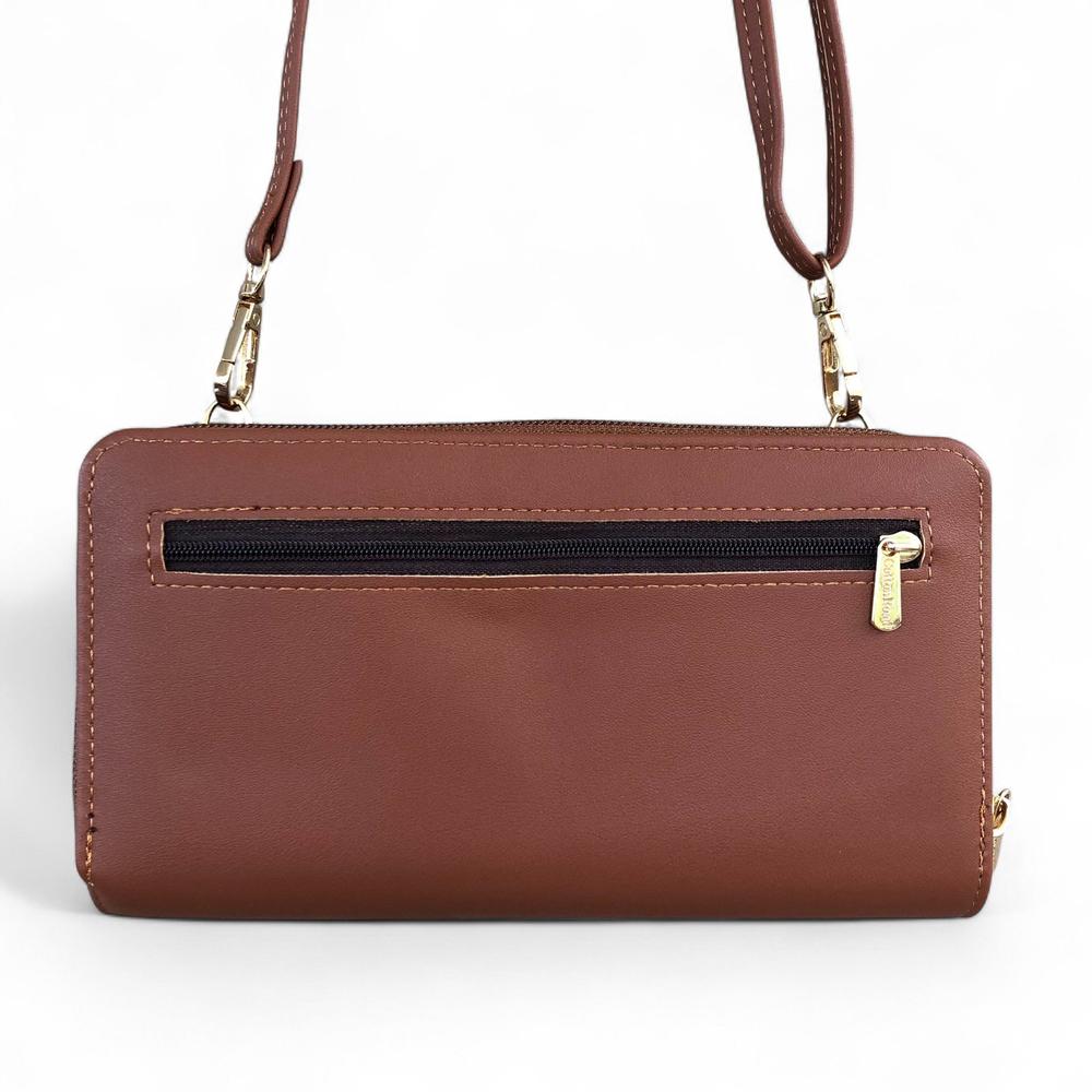 Large TAN BROWN PU Leather Cotton Road Cellphone Sling Wallet with PATTERNED Pocket