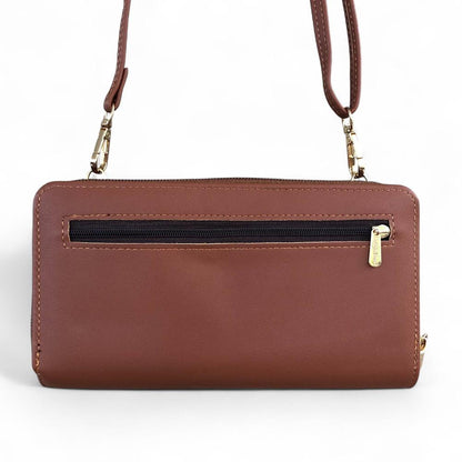 Large TAN BROWN PU Leather Cotton Road Cellphone Sling Wallet with PATTERNED Pocket