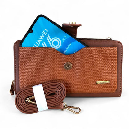 Large TAN BROWN PU Leather Cotton Road Cellphone Sling Wallet with PATTERNED Pocket