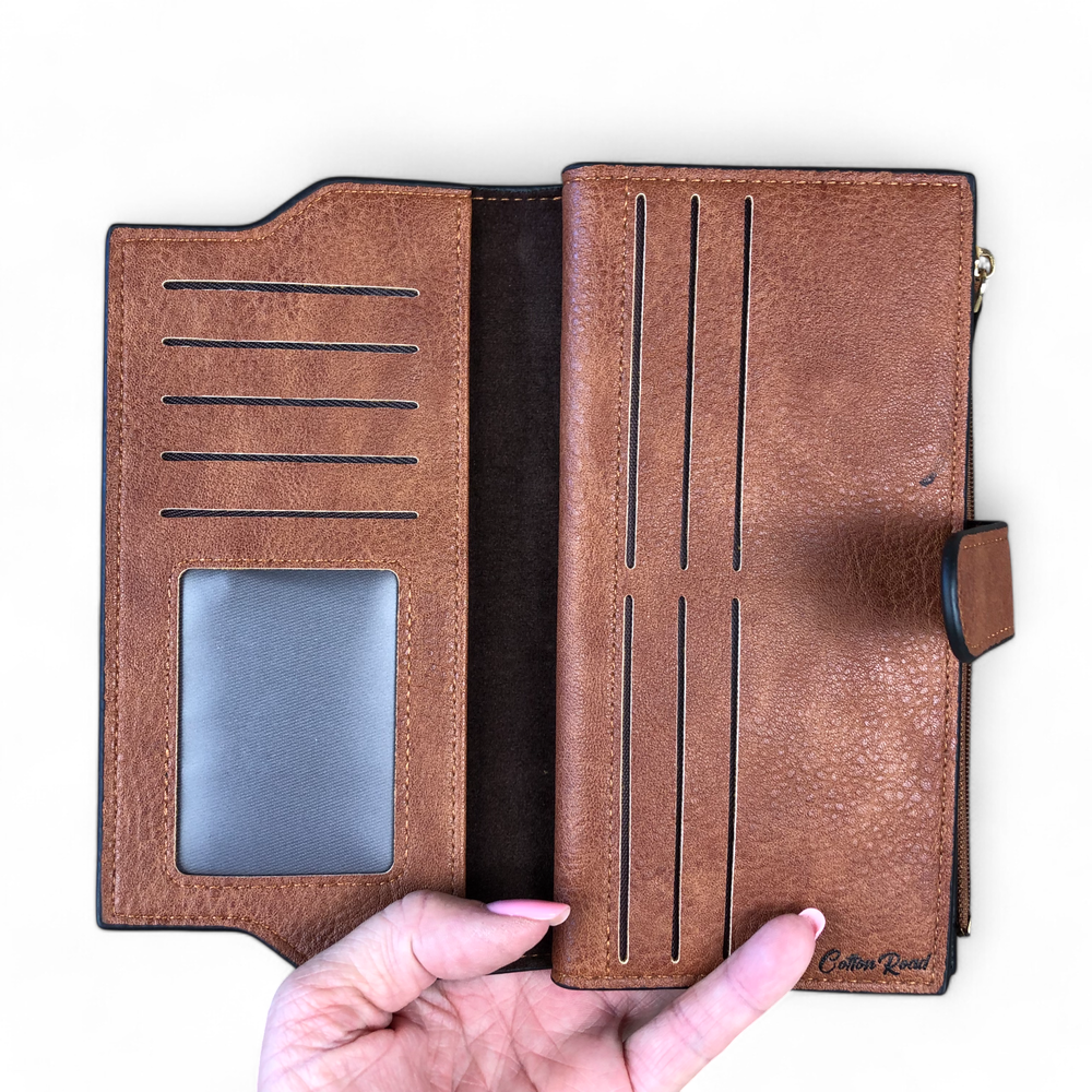 Large TAN Cotton Road PU Leather Wallet with CLIP