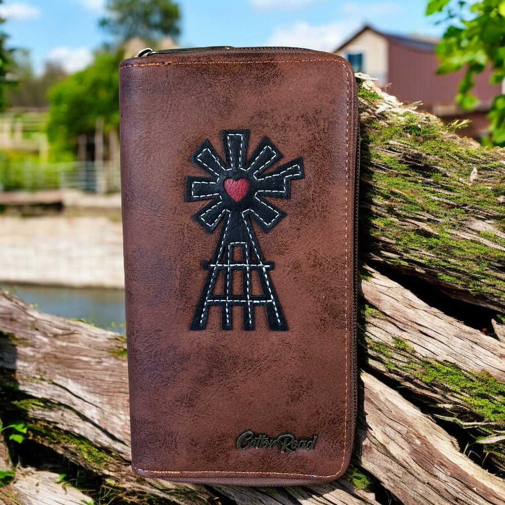 Large TAN Cotton Road PU Leather Wallet with WINDMILL