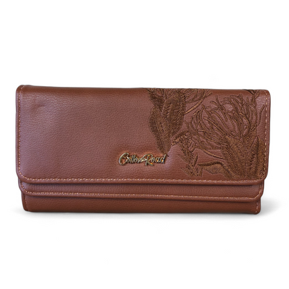 Large TAN PU Leather Cotton Road Wallet with EMBROIDED PROTEAS