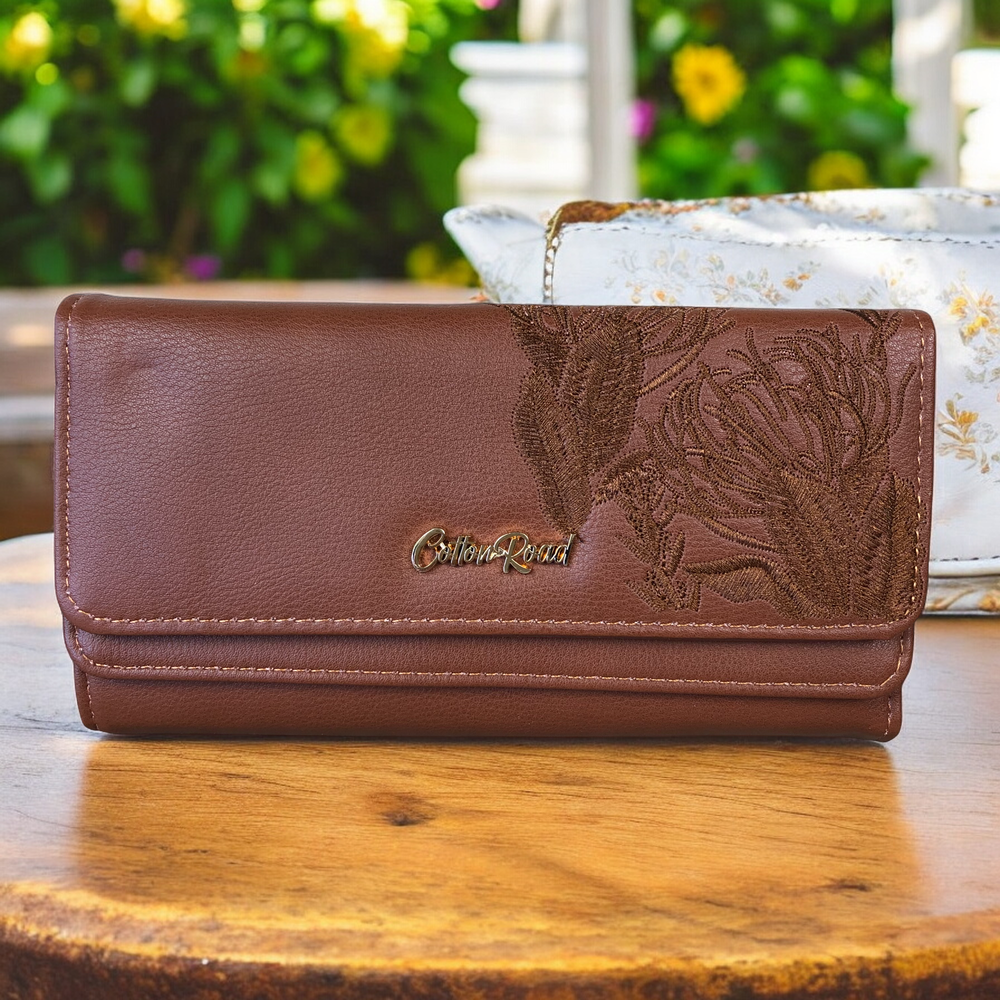 Large TAN PU Leather Cotton Road Wallet with EMBROIDED PROTEAS
