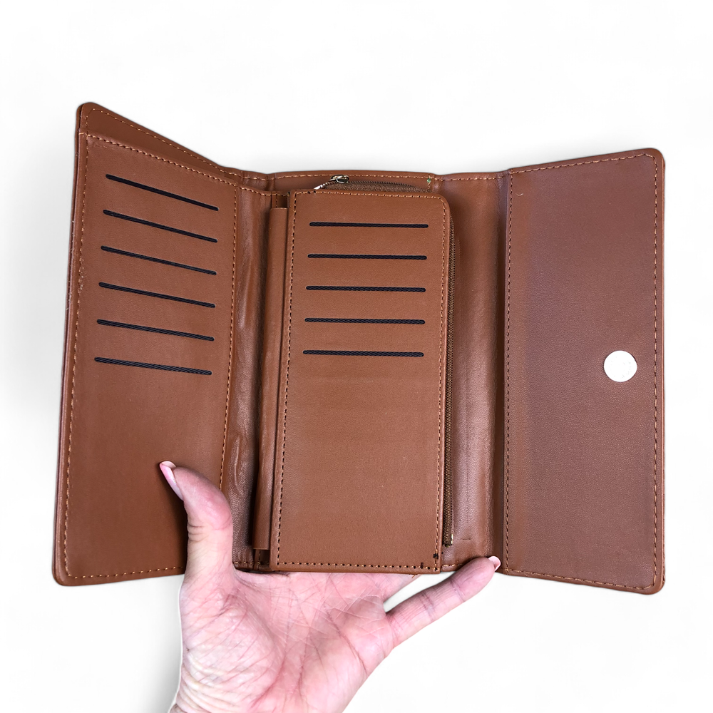 Large TAN Tri-fold PU Leather Cotton Road Wallet with PATTERNED Panel