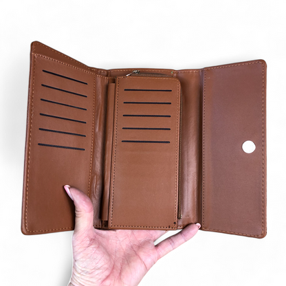 Large TAN Tri-fold PU Leather Cotton Road Wallet with PATTERNED Panel