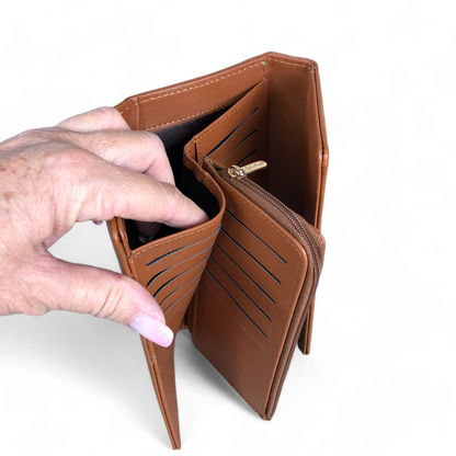 Large TAN Tri-fold PU Leather Cotton Road Wallet with PATTERNED Panel