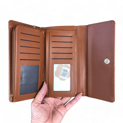 Large TAN Tri-fold PU Leather Cotton Road Wallet with PATTERNED Panel