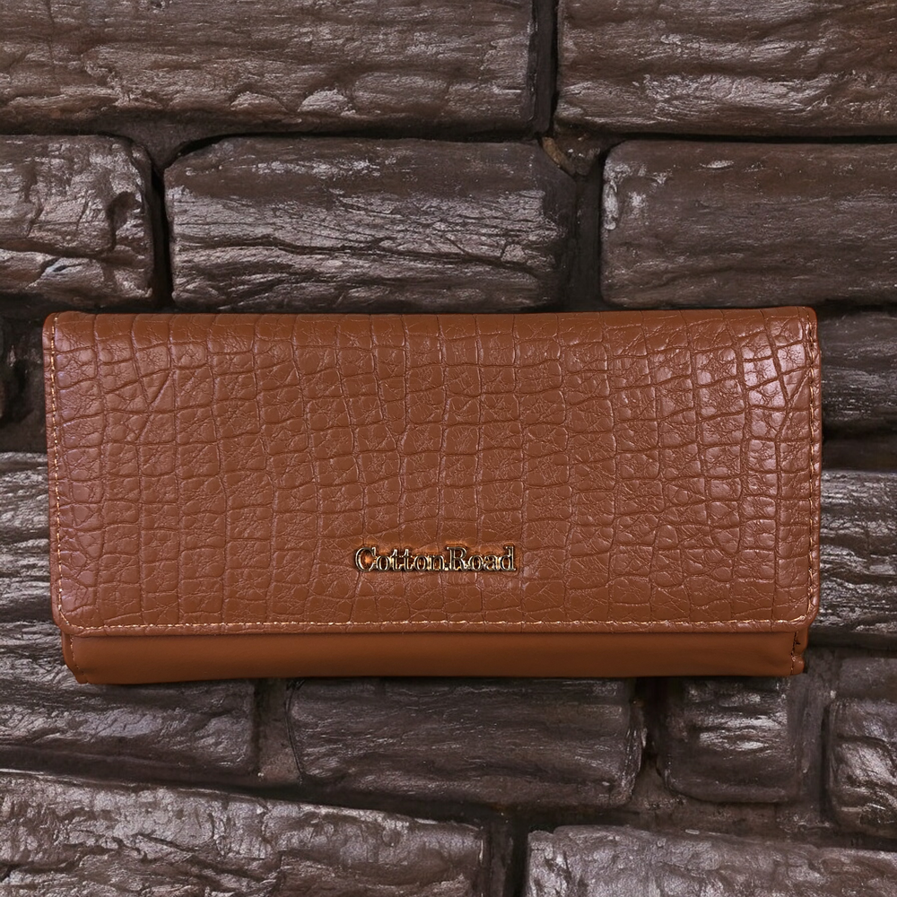 Large TAN Tri-fold PU Leather Cotton Road Wallet with PATTERNED Panel