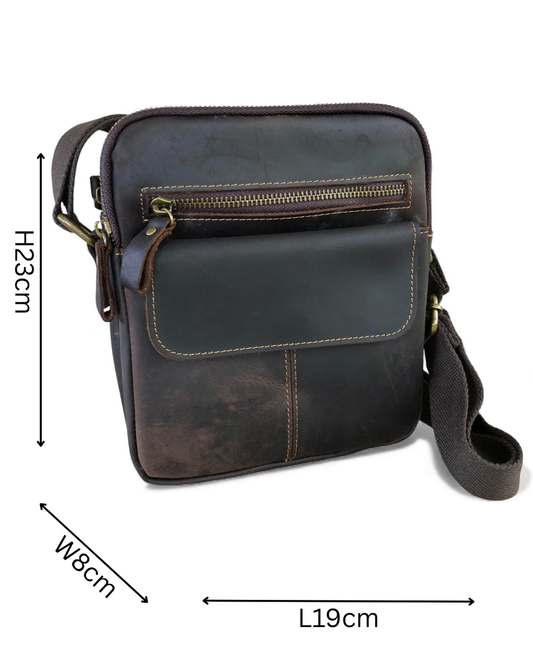 Leather Sling Bag: BROWN Unisex VIVACE genuine leather Sling Bag smaller