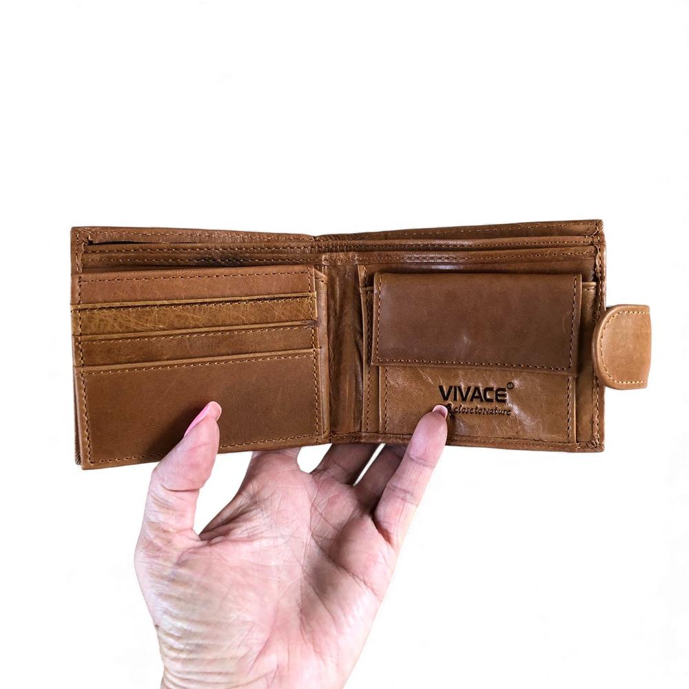 Leather Wallet: CAMEL VIVACE MENS Genuine Leather Wallet with Clip and Zip detailing