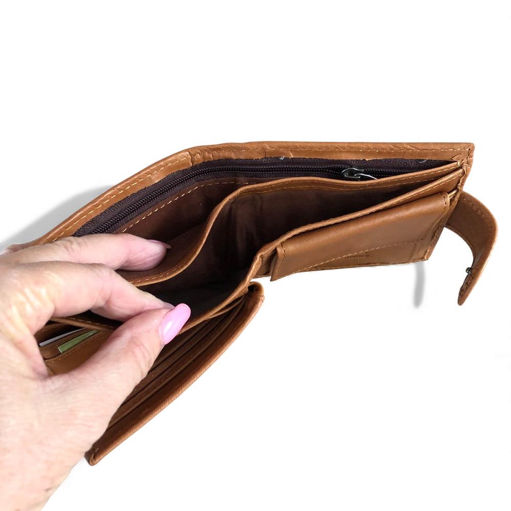 Leather Wallet: CAMEL VIVACE MENS Genuine Leather Wallet with Clip and Zip detailing