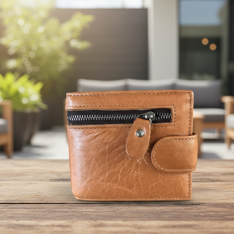 Leather Wallet: CAMEL VIVACE MENS Genuine Leather Wallet with Clip and Zip detailing