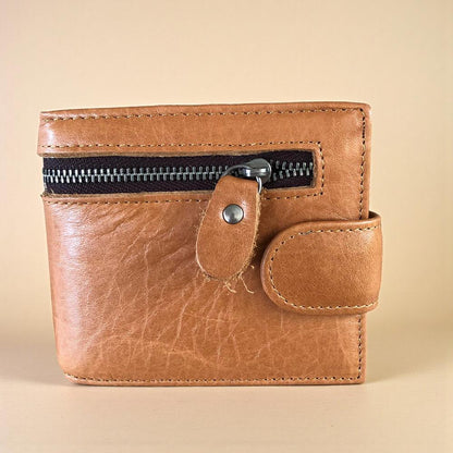 Leather Wallet: CAMEL VIVACE MENS Genuine Leather Wallet with Clip and Zip detailing