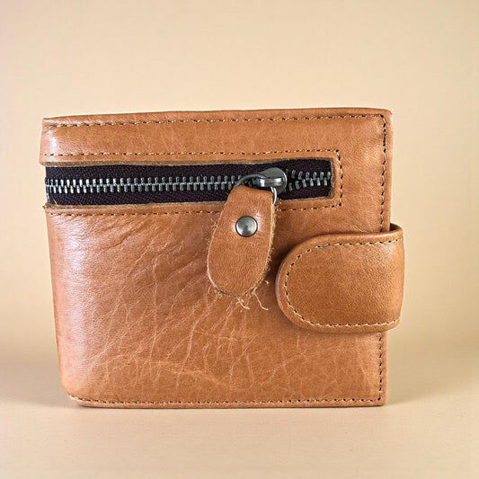 Leather Wallet: CAMEL VIVACE MENS Genuine Leather Wallet with Clip and Zip detailing