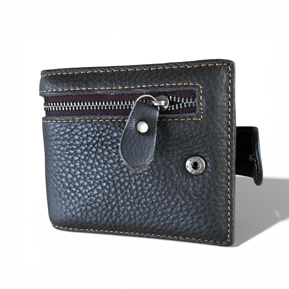 Leather Wallet: DARK BROWN VIVACE MENS Genuine Leather Wallet with Clip and Zip detailing