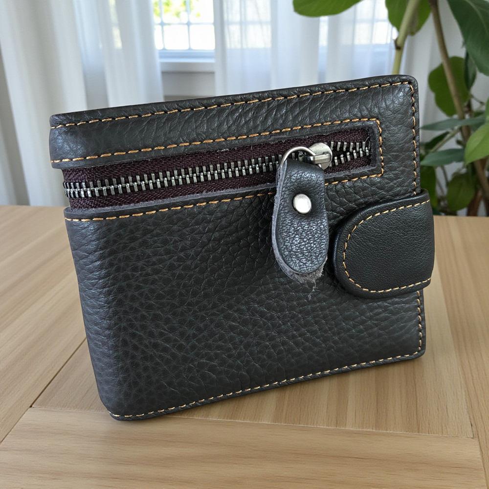 Leather Wallet: DARK BROWN VIVACE MENS Genuine Leather Wallet with Clip and Zip detailing
