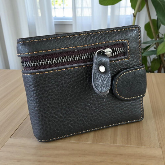 Leather Wallet: DARK BROWN VIVACE MENS Genuine Leather Wallet with Clip and Zip detailing