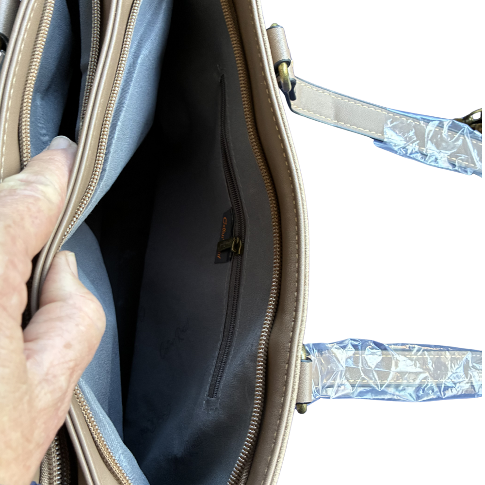 Cotton Road Handbag: KHAKI PU Leather Double Compartment Handbag with EMBOSSED Protea OPEN POCKET