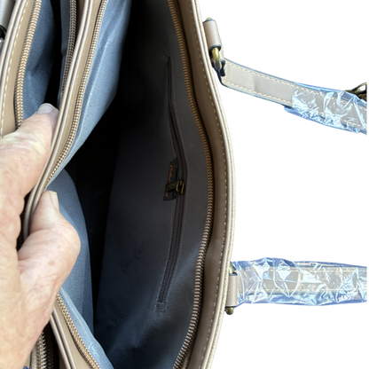 Cotton Road Handbag: KHAKI PU Leather Double Compartment Handbag with EMBOSSED Protea OPEN POCKET